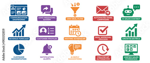 Colorful set of business icons representing sales automation, CRM, and marketing concepts like lead messaging, revenue forecast, customer profiles, and deal flow for digital strategy