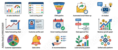 Set of colorful flat design business icons representing sales AI, CRM pipeline, lead nurturing, customer segmentation, and marketing automation for modern enterprise management