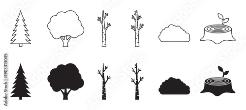 Set of minimalist forest element icons including a pine tree, bush, leafless tree, and a new growth sapling on a stump, presented as both simple line art and solid black silhouettes
