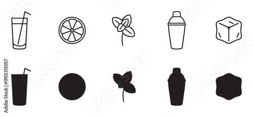Set of black cocktail making icons in line art and silhouette styles showing a glass, citrus, mint, shaker, and ice cube for graphic design or menu illustration