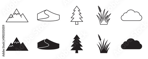Collection of black nature landscape icons including mountains, dunes, trees, grass, and clouds, presented in both minimalist outline and solid silhouette vector styles