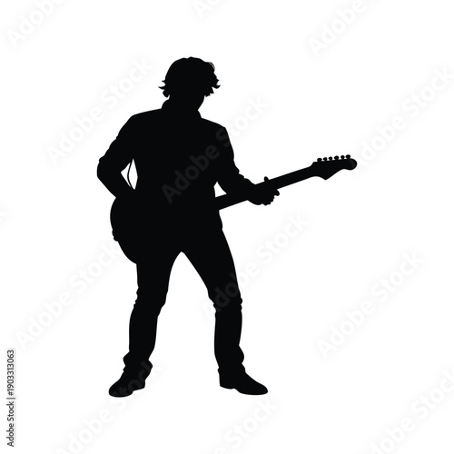 Silhouette of musician playing guitar, elegant vector illustration for music lovers and artists, guitarist holding electric guitar silhouette vector illustration