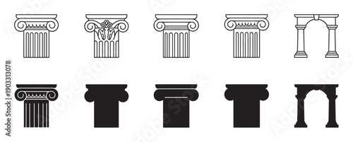 Set of ancient column and arch icons in line art and silhouette styles, illustrating various classical architectural orders like Ionic and Corinthian for graphic design