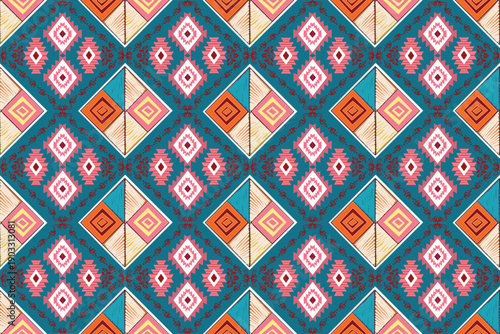 Seamless Geometric Tribal Pattern with Ethnic Diamond Motifs in Teal and Coral