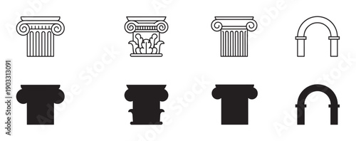 Set of black architectural element icons featuring Ionic and Corinthian columns and an arch, presented in both minimalist line art and solid silhouette vector styles