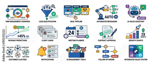 Colorful collection of business process icons illustrating CRM, sales automation, and marketing concepts like lead qualification, deal pipeline, AI assistant, and revenue prediction