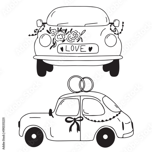 Hand-drawn vector graphics of a wedding party car decorated with bows and flowers. The car features a 'LOVE' license plate and wedding rings on top.