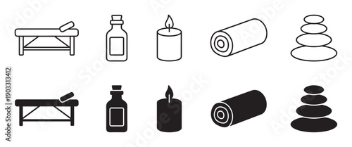 Set of black spa and relaxation icons for wellness concepts, featuring a massage table, oil, candle, towel, and stones in both outline and solid silhouette vector styles