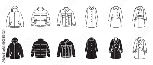 Collection of winter jacket and coat icons showing different styles like hoodies, puffers, and trench coats in both line art and solid black silhouette vector illustrations