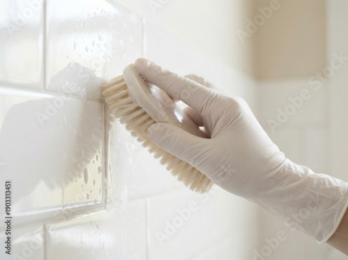 close-up of single gloved hand wearing clean white latex glove, with soft-bristle cleaning brush Scrubbing glossy white ceramic tiles. sanitation, household cleaning, health awareness, housekeeping