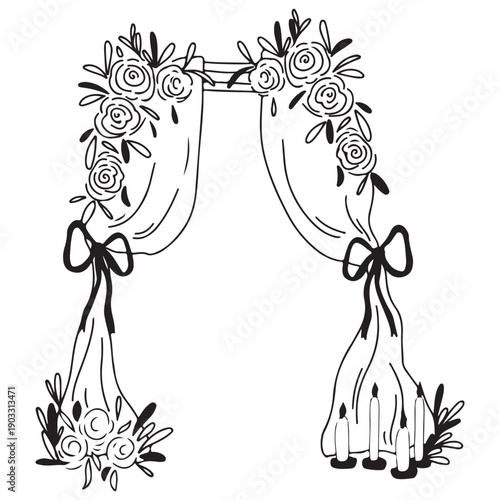 Hand-drawn vector graphic of a wedding party arch adorned with bows and flowers. The design features elegant drapes and floral arrangements.