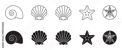 Set of black seashell icons in outline and solid glyph styles, featuring a spiral shell, scallop, starfish, and sand dollar for a clean, minimalist design element collection