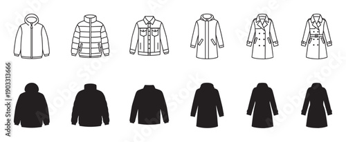 Outerwear icon set with various jackets and coats, including puffer, denim, parka, and trench coat designs presented in both line art and solid silhouette styles
