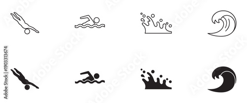 Set of black swimming and water icons showing a diver, swimmer, splash, and wave, presented in both minimalist outline and solid silhouette graphic design styles