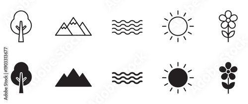 Minimalist set of black nature icons including a tree, mountain, water, sun, and flower, with each symbol shown in both an outline and a solid silhouette version