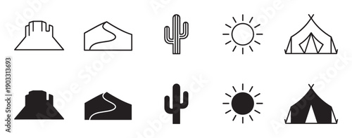 Set of black desert themed icons featuring a butte, sand dune, saguaro cactus, sun, and tent, presented in both minimalist line art and solid silhouette graphic styles