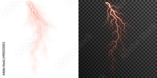 Red lightning arc PNG featuring glowing electric branches and transparent background ideal for bold design overlays
