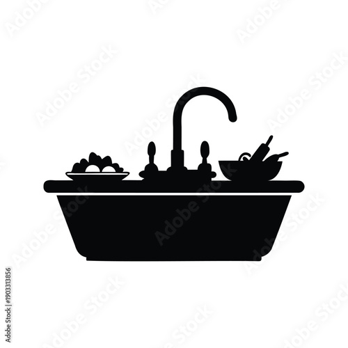 Silhouette of kitchen sink with dirty dishes and faucet vector illustration, kitchen sink with dishes silhouette vector illustration