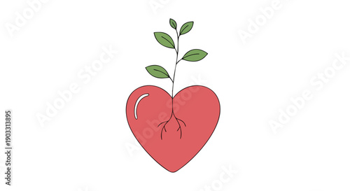 Heart with growing plant, ideal for Valentine's Day, symbolizing modern romance and essential self-care, representing emotional growth and well-being