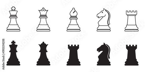 Collection of black chess piece icons showing the king, queen, bishop, knight, and rook as line art and a second row of solid black silhouettes of the major pieces