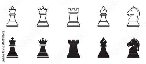 Black chess piece icon set featuring king, queen, rook, bishop, and knight figures presented in both a minimalist line art style and a solid black silhouette glyph style