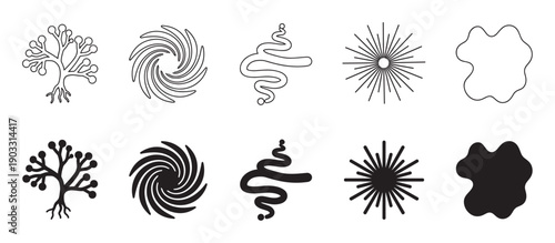 Collection of minimalist black vector icons with abstract natural and geometric forms, including a coral-like tree, swirl, wave, sunburst, and amorphous shape in line and glyph styles
