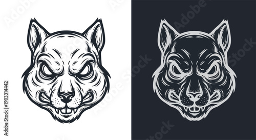 Aggressive rat or rodent head illustration in two contrasting styles, black on white and white on black, depicting a fierce and menacing animal character.
