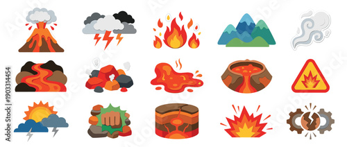 Natural disaster and geology icon set showing a volcano erupting, lava flow, earthquake, thunderstorm, and fire in a colorful flat design vector illustration style