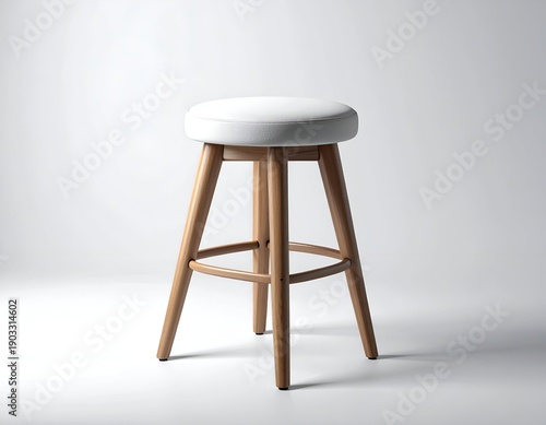 A simple, modern bar stool with a white, cushioned seat and light wood legs, indoors