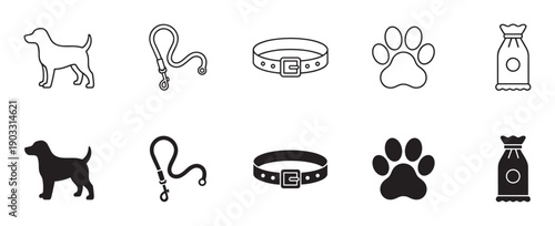 Set of black dog care icons showing a puppy, leash, collar, paw print, and food bag, presented in both simple line art and solid glyph styles for versatile design
