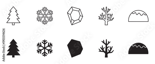 Set of black winter nature icons featuring a fir tree, snowflake, crystal, and bare tree, shown in both simple line art and solid silhouette styles for graphic design elements