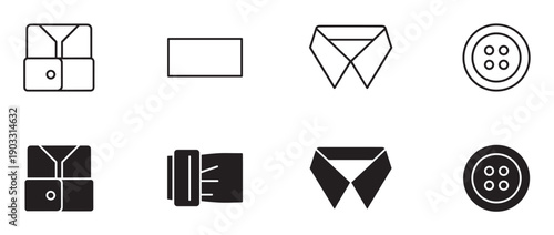 Set of black clothing and tailoring icons featuring a folded shirt, collar, button, belt, and fabric swatch, presented in both thin line and solid glyph styles for graphic design