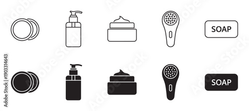 Set of black skincare and hygiene icons in outline and solid glyph styles, featuring a soap bar, cream jar, lotion dispenser, cotton pads, and an electric pedicure file for beauty concepts