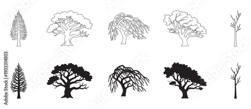 Collection of various tree icons presented in two different styles, including minimalist black line art outlines and solid black silhouettes for graphic design elements