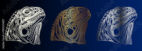 Chameleon Heads Trio, Reptile Wildlife Design, Animal Portrait, Golden Silver Metallic Texture