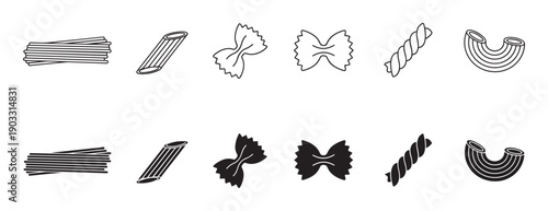 Collection of various pasta shape icons in outline and solid silhouette styles, including spaghetti, penne, farfalle, fusilli, and macaroni for graphic design or culinary concepts