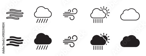 Set of black weather forecast icons showing rain, sun, cloud, wind, and fog in minimalist outline and solid glyph styles for meteorological applications