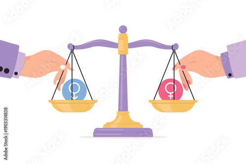 Illustration representing gender equality through a balanced scale held by male and female hands, symbolizing fairness, equal rights, and social justice between men and women.