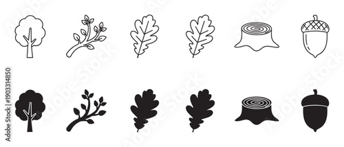 Set of black forest and nature icons showing a tree, oak leaf, acorn, branch, and stump in both outline and solid silhouette styles for graphic design