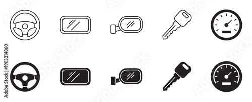 Car parts and accessories vector icon set in outline and solid glyph styles, featuring a steering wheel, mirrors, key, and speedometer for automotive applications