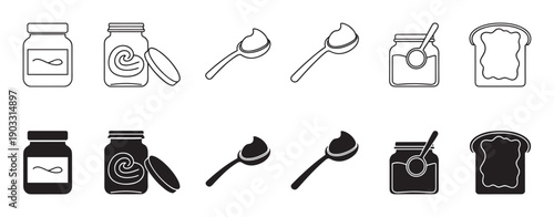 Set of black food icons showing jam or spread in a jar, on a spoon, and on toast, presented in both outline and solid silhouette graphic styles for design elements