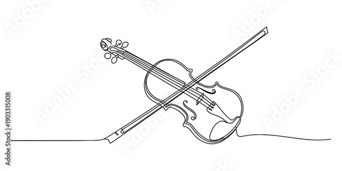 Continuous line drawing of a classical violin with a bow on a white background Vector, illustration