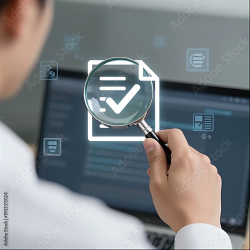 Tight office close-up: white-shirted hands holding silver magnifying glass over a document icon with checkmark, subtle digital icons background
