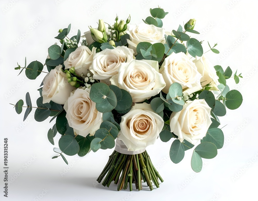 Fototapeta premium Elegant bouquet of ivory roses and eucalyptus, tied with ribbon, on a white backdrop