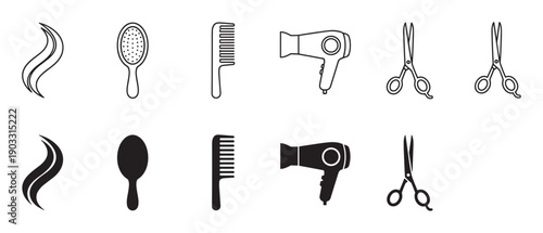Hairdresser tool icon set in black outline and solid silhouette styles showing a hair strand, brush, comb, hairdryer, and scissors for a beauty salon or barbershop concept