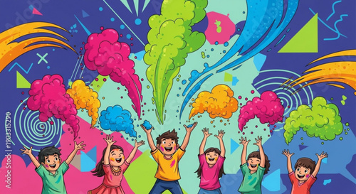 Children celebrating with colorful powder explosions vibrant Holi festival concept joyful illustration for festive events and design