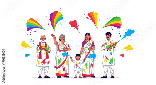 Indian family celebrating Holi festival with colorful powder and water guns traditional attire vector illustration on white backgroun