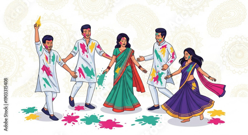 Group of people celebrating Holi festival with colored powder traditional Indian attire joyful cultural event illustration