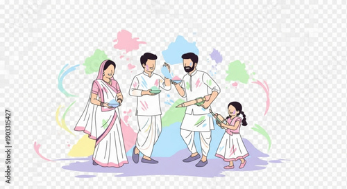 Indian family celebrating Holi festival with colors traditional attire and joyful expressions vector illustration for cultural events