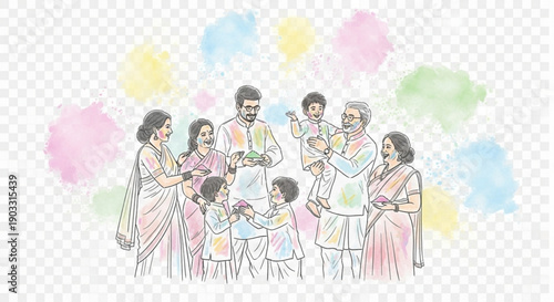 Indian family celebrating Holi festival with colorful powder sketch illustration for cultural events traditions and festive greetings